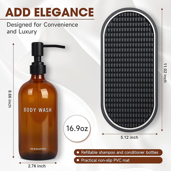 Nemosupery Amber Glass Shampoo and Conditioner Dispenser Set – 16.9oz Refillable Bottles with Stainless Steel Pump, Non-Slip Mat & Waterproof Labels –Shampoo Conditioner Body Wash Dispenser for shower