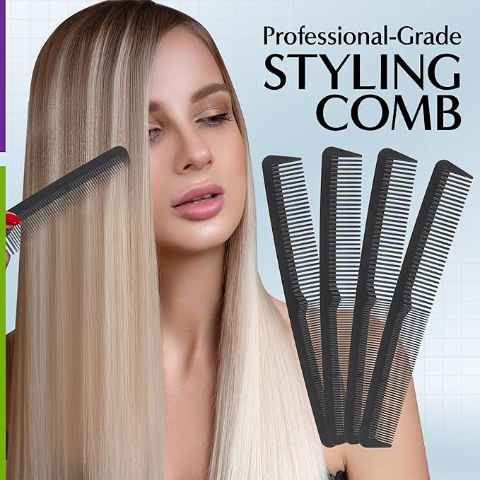 Professional Grade Styling Comb Set - 4 Pack Premium Carbon Fiber 7" Comb - Heat Resistant, Fine and Wide Tooth, Anti Static - Salon Quality Hair Styling Accessories for Home or Barber