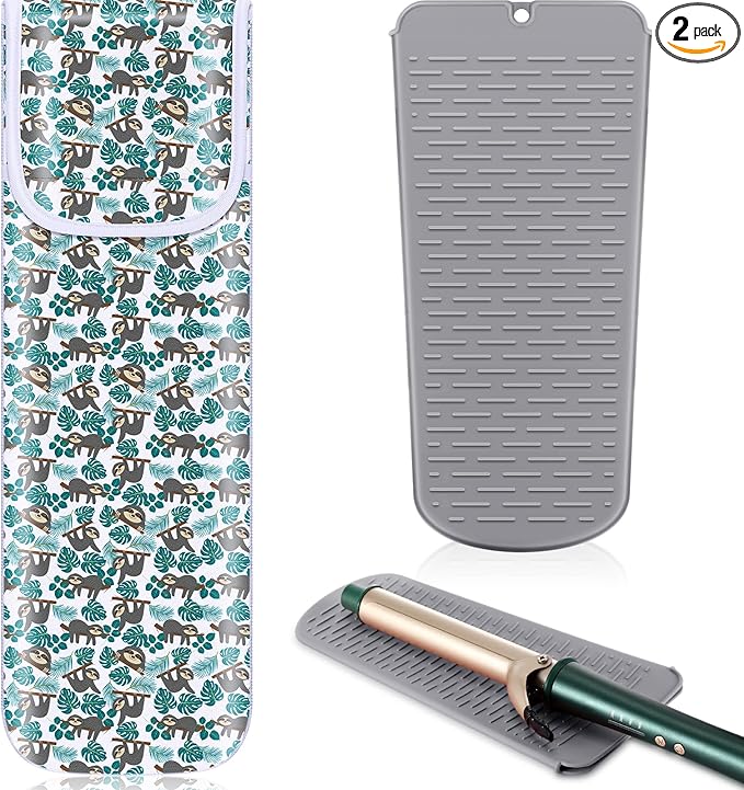 Shappy 2 Pcs Heat Resistant Hair Tools Bag Curling Iron Travel Case Cover Neoprene Flat Iron Holder Travel Case and Silicone Mat Pouch for Hot Hair Tools Storage Organizer(Sloth Style)