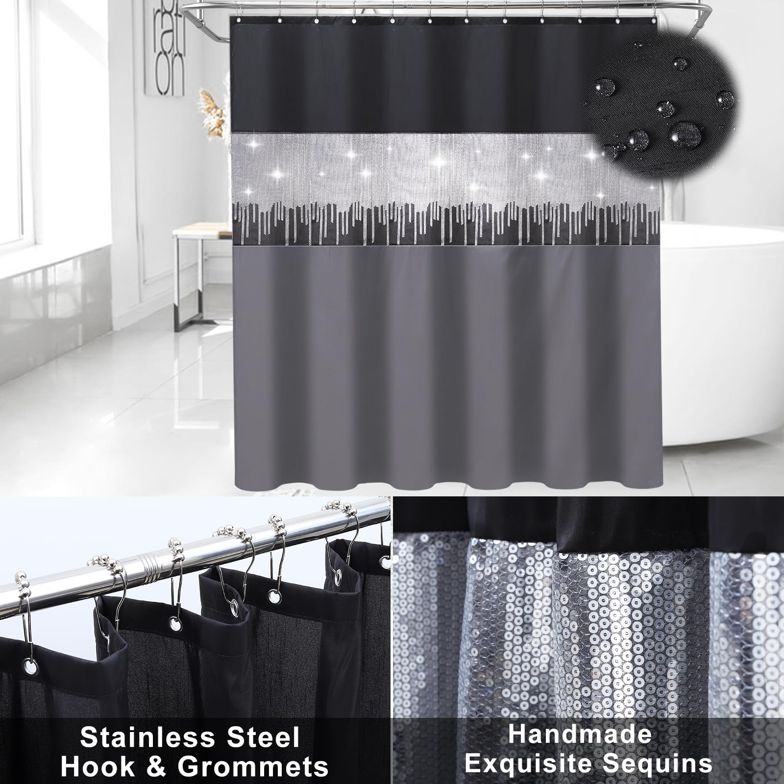 Bathroom Accessory Set – Bathroom Set with Glitter Shower Curtain, Towel Set,24 Piece Grey Shower Curtain, Bathroom Accessories Set with Shower Curtain Set for Home Decor