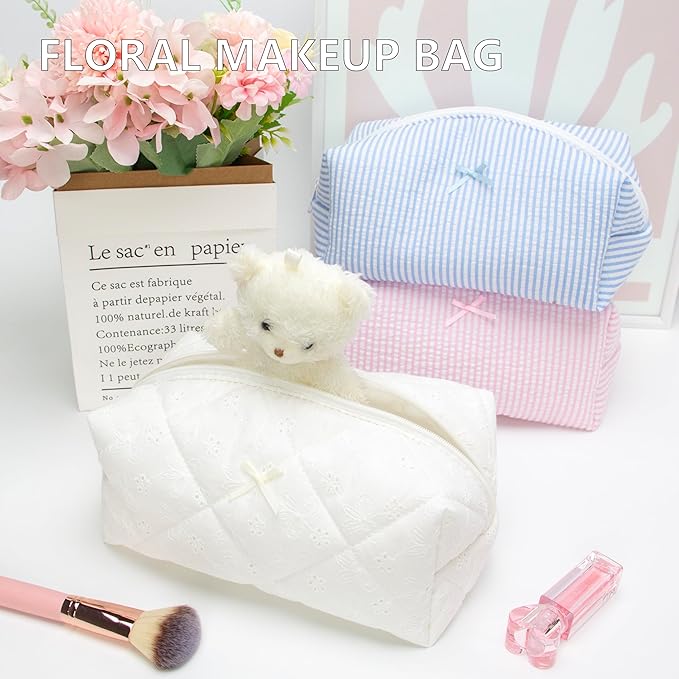 Cozy Makeup Bag for Women,Zipper Cosmetic Pouch,Embroidery White,6 Pack