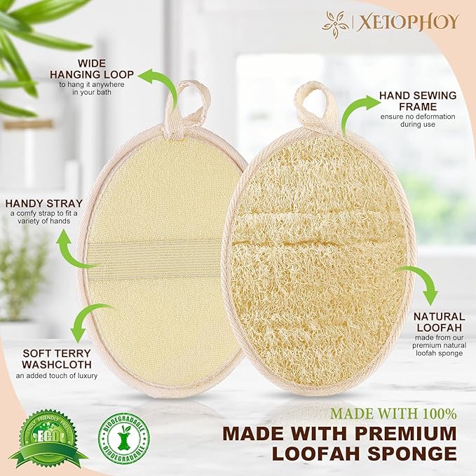 Xeiophoy 2PCS Natural Exfoliating Loofah Body Scrubber, Premium Loofah Exfoliating Body Scrubber for Bath, Made with Natural Shower Loofah Sponge, Shower Exfoliator for Women and Men