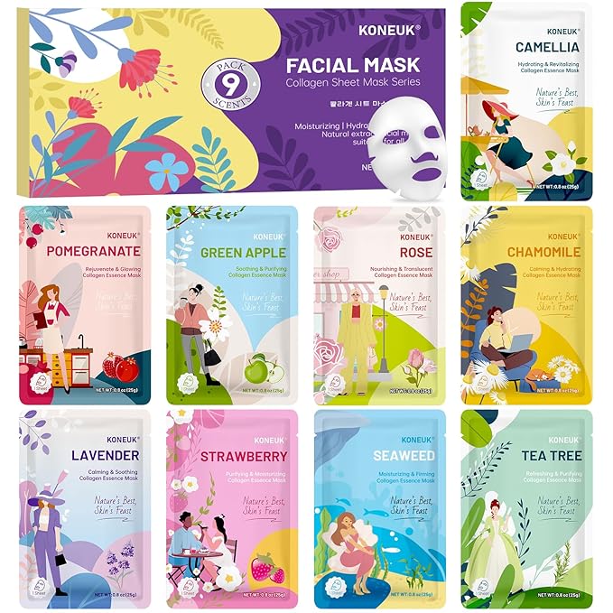 9 Pack Hydrating Face Masks Skincare, Bulk Sheet Face Mask for Dry Skin, Collagen Facial Masks Spa Gifts for Women Skin Care, Easter Basket Stuffers, Mothers Day Gifts for Mom, Teacher and Nurse Gifts