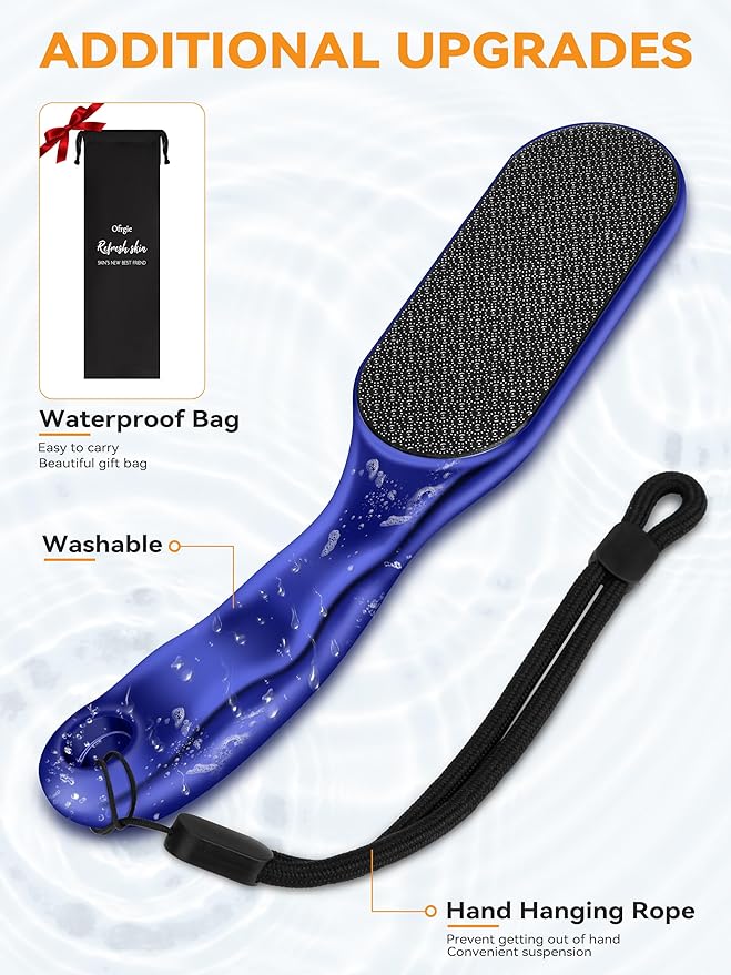 Ofrgie Nano Glass Foot File Professional Foot Scraper Dead Skin Rasp, Wet Dry Foot Callus Remover, Pedicure Tools for Feet Exfoliator, Anti-Slip Handle Rope & Storage Bag Gift for Women Blue