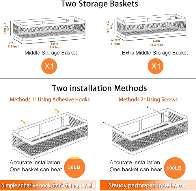 PUSDON Mesh Shower Caddy Wall Mount, Heavy Duty Adhesive Bathroom Shelf Organizer, Rustproof Floating Spice Rack for Kitchen Pantry, Holds 50 LBS, Multi-Purpose Storage White-2 Packs (Netting)