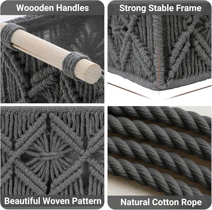 Nonam Macrame Storage Baskets, Boho Decor Style Woven Storage Boxes for Home Organization, Toilet Tank Shelf Cabinet Organizer Baskets,Set of 2,Grey