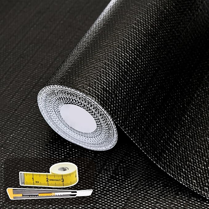 Shelf Liners for Kitchen Cabinets 12in x 30FT, Non Adhesive Drawer Liner Pure Black Thickened Shelf Liner Non-Slip Easy to Clean for Tool Box Refrigerator with Knife and Tape Measure