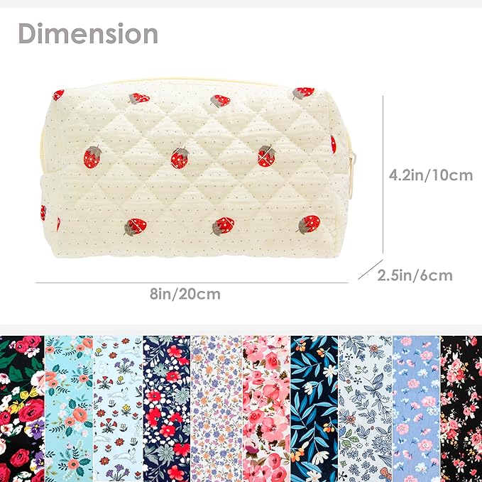 Small Quilted Makeup Bag,Zipper Cosmetic Pouch,Gauze Strawberry,6 Pack