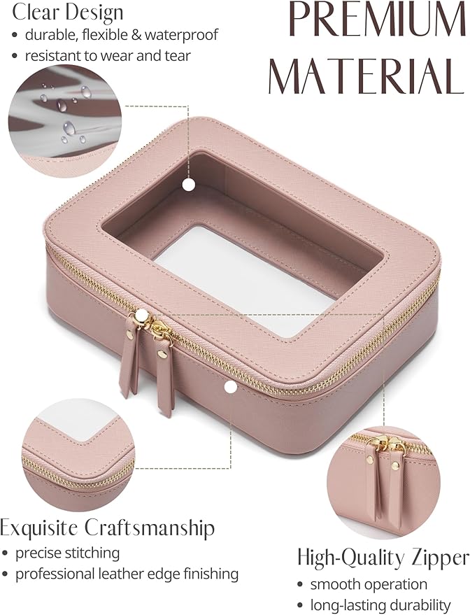 Popvibe Clear Makeup Case Toiletry Bag Travel Medium Clear Cosmetic Bag with Zipper, Make Up Bag Organizer Traveling TSA Approved Transparent Bag Car for Essentials, Mini & Medium, Mauve