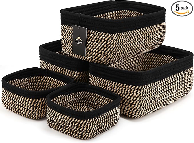 VIRETH HAUS 5-Pack Small Woven Rope Storage Baskets – 2 Sizes Organizer Bins for Closet, Shelf, Bookshelf, Nursery, Changing Table, Fabric Cube Boxes, Rectangular Shallow Bins for Bathroom, Toy & Home
