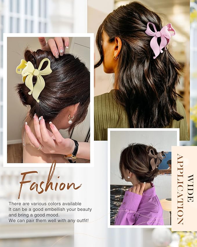 4 PCS Bow Hair Clips Bow Claw Clip for Women, Large Hair Claw Clips for Thin Thick Long Hair Cute Nonslip Bows (Black+Light Brown+Off-White+Light Pink)