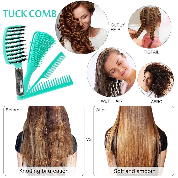 4pcs Curly Hair Brush Set for Adult & Kids Wet or Dry, Detangling & Wide Tooth Comb with Hair Detangler (4, Green)
