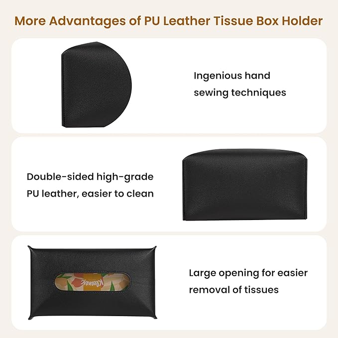 Long Tissue Box Cover, PU Leather Tissue Holder Rectangle, Facial Paper Organizer, Modern Dispenser for Bathroom, Kitchen, Home, Office, Tabletop (1, Black, Tall)