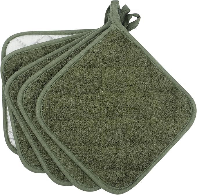 Lifaith Pot Holders for Kitchen, 100% Cotton Terry Pot Holder Set of 5, Heat Resistant Hot Pads for Cooking, Baking, Hot Dishes and Countertop Protection, Olive Green