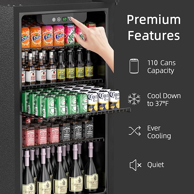 Erivess 3.1 Cubic Feet/110 Can Beverage Refrigerator,17 Inch Fridge with Adjustable Shelve & LED Display for Soda Beer or Wine, Drink Refrigerator for Home Bar Office(Silver)