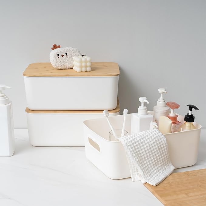 Citylife 4 PCS Storage Bins with Bamboo Lids Plastic Storage Containers for Organizing Stackable Storage Box with Handle, 14 x 10.6 x 6.18 inch