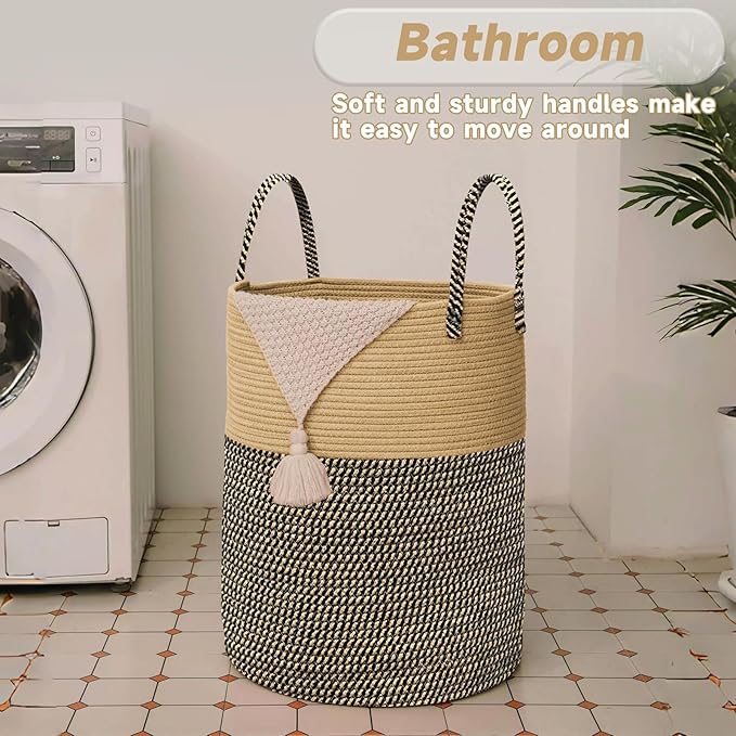 JMvicyroam Large Woven Laundry Basket Hamper,100L Cotton Rope Storage Bin for Blankets,Toys and Clothes,Decorative Tall Nursery Hamper for Living Room,Baby Nursery,Bathroom and Bedroom,Brown and Black