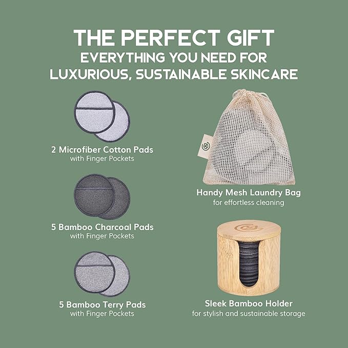 GREENZLA Reusable Makeup Remover Pads | 12 Pack | Bamboo Charcoal