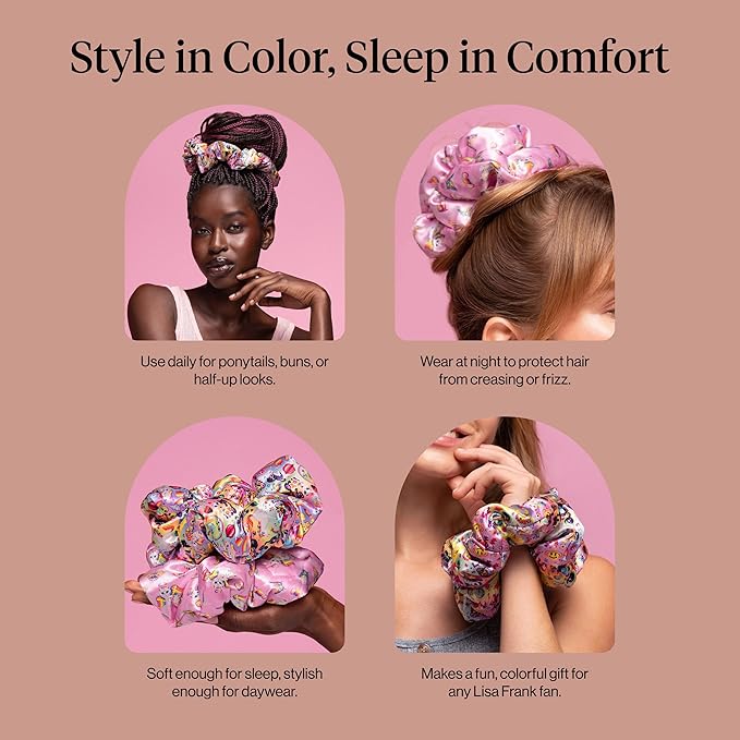 Lisa Frank x Kitsch Pillow Satin Scrunchies for Women - Hair Ties No Damage, No Crease Hair Accessories | For Day or Night Use - 2pcs