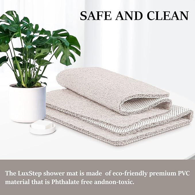 LuxStep Shower Mat Bathtub Mat,40x16 inch, Non-Slip Bath Mat with Drain, Quick Drying PVC Loofah Bathmat for Tub,Shower,Bathroom,White