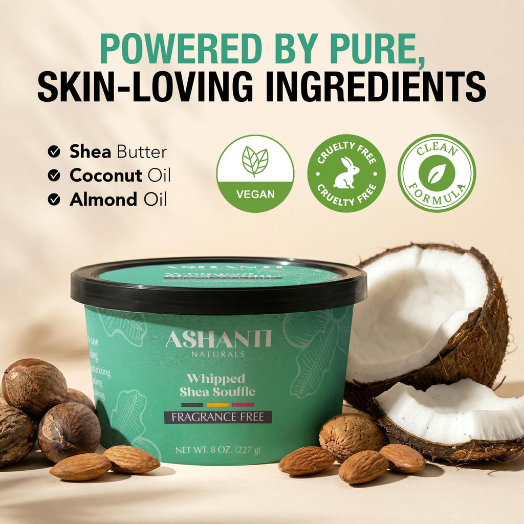 Ashanti Naturals Scented Whipped Shea Butter for Skin | African Body Butter for Women w/Coconut, Almond Oil(Fragrance Free Souffle, 8 oz)