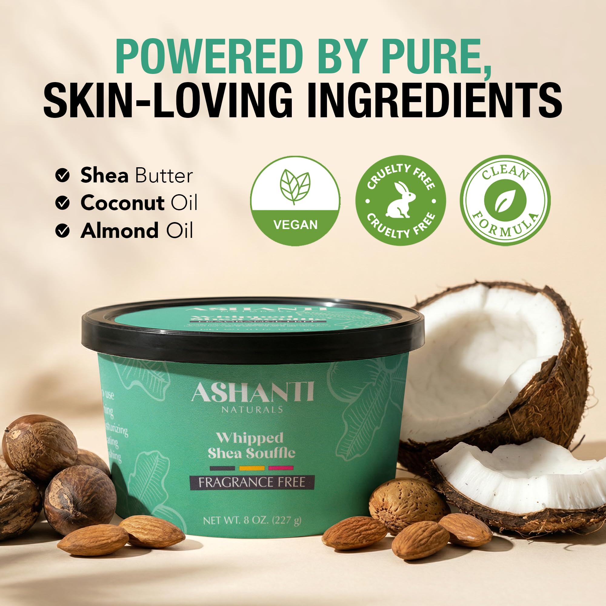 Ashanti Naturals Scented Whipped Shea Butter for Skin | African Body Butter for Women w/Coconut, Almond Oil(Fragrance Free Souffle, 8 oz)