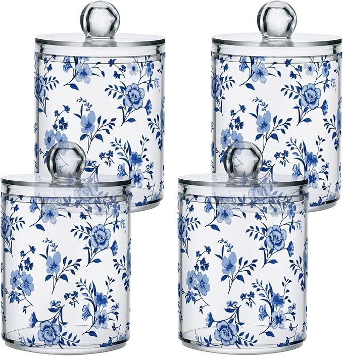 Kigai Cotton Swabs Organizer Blue Wildflowers Qtip Holder Dispenser with Lid Apothecary Jar Set 2PCS Reusable Clear Plastic Cans for Dry Food