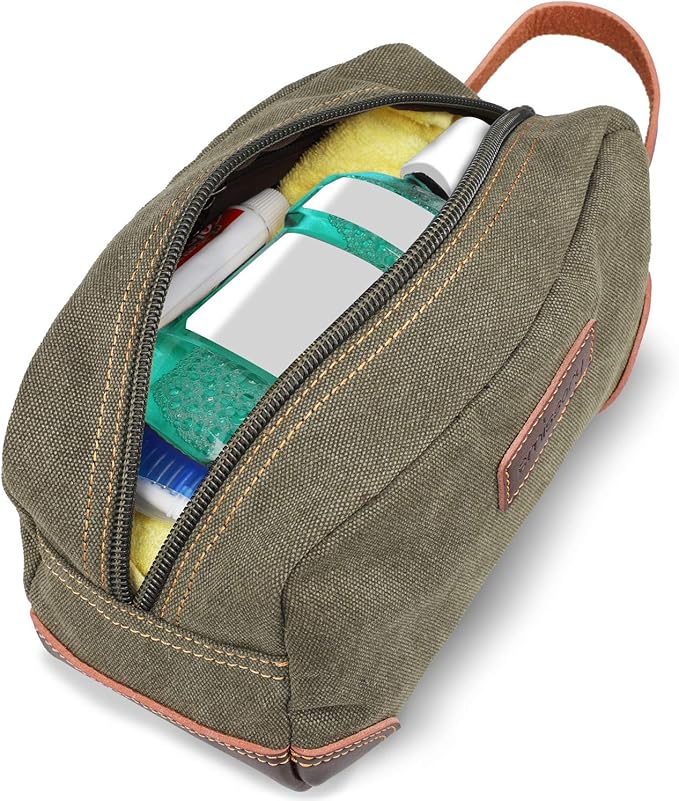 emissary Men's Canvas Travel Toiletry Bag, Leather Dopp Kit - Dark Green