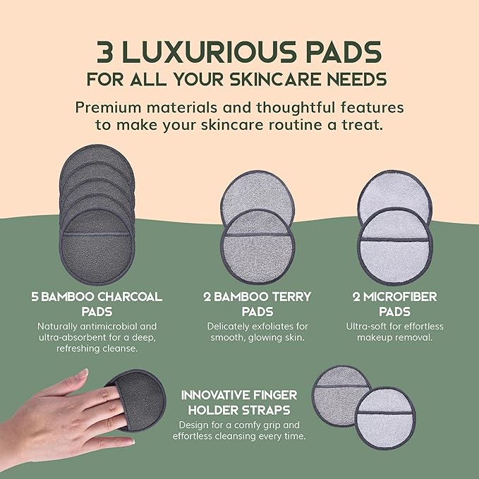 GREENZLA Reusable Makeup Remover Pads | 12 Pack | Bamboo Charcoal
