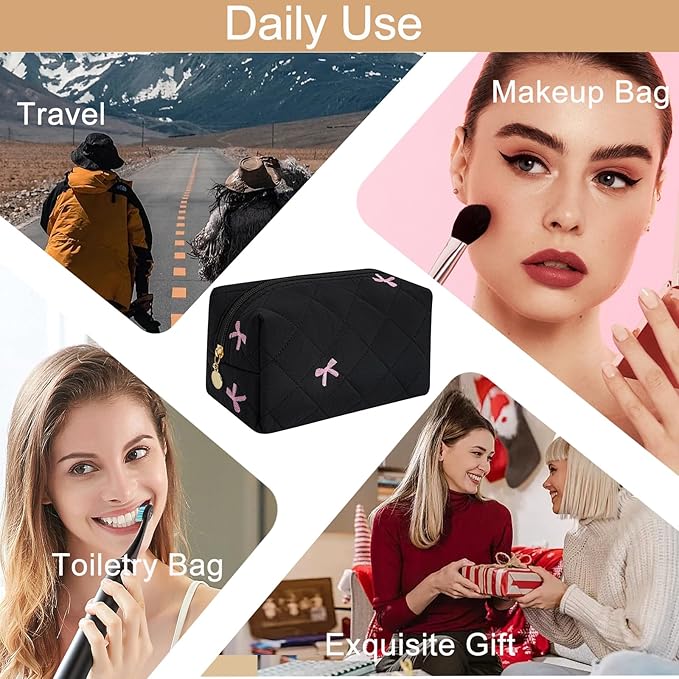 HHQQWZ Makeup Bag Travel Cosmetic Bag for Women Girls, Zipper Make Up Pouch, Floral Flowers Toiletry Organizer Makeup, Portable Storage Cosmetic Travel Cloth Bag (Black)