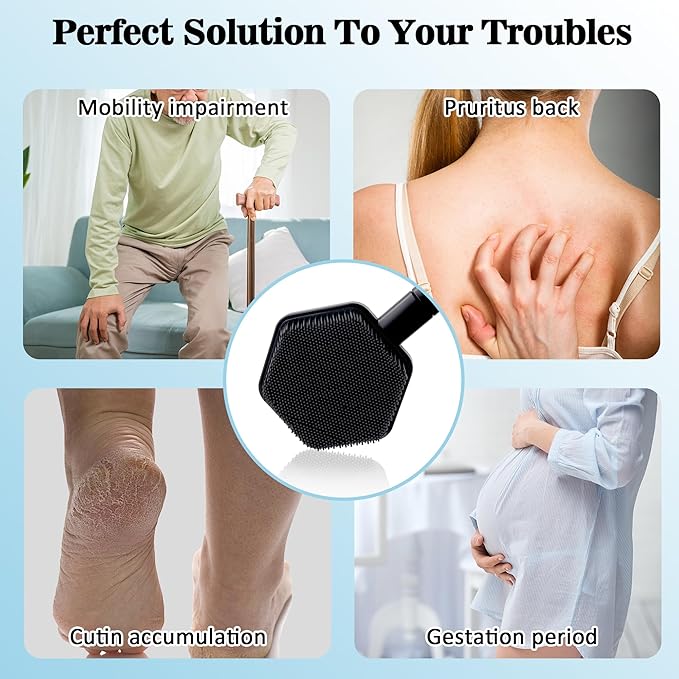 Silicone Back Scrubber for Shower with 21" Extendable Handle–Dual-Sided Long Handle Bath Brush for Exfoliating&Massage–Non-Slip Grip, Gentle&Deep Cleansing Body Brush for Men, Women, Seniors (Black)