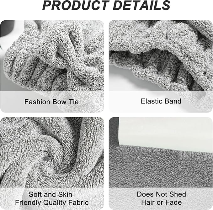 HMIEPRS 2 Pack Microfiber Hair Towel Cap, Quick Drying Cap Soft Absorbent Towel and 2 Combs for Curly Long Thick Dry or Wet Hair (Stripe and Gray)