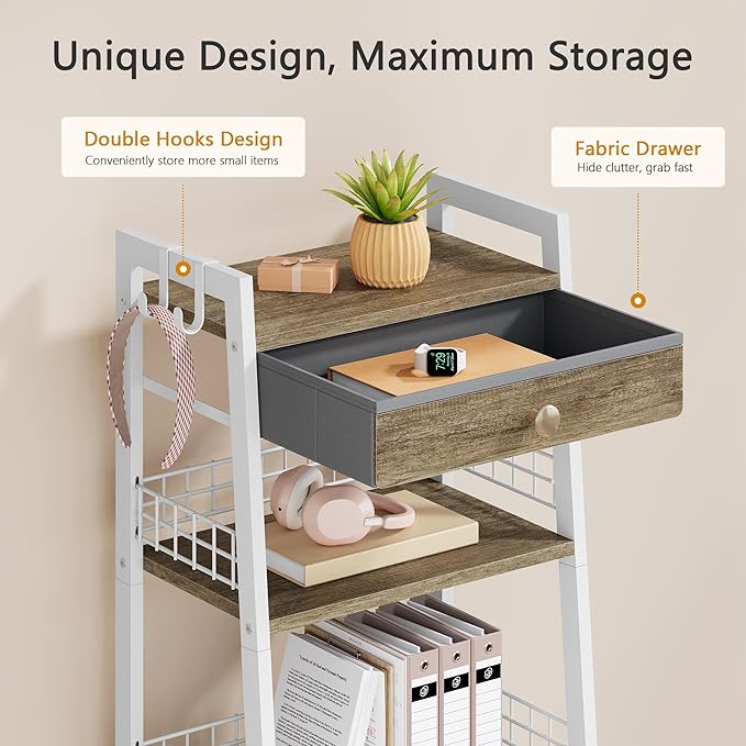 4-Tier Ladder Shelf with Drawer, Bathroom Table Stand for Small Space, Standing Bathroom Shelves with Storage for Living Room Kitchen Bedroom, Organizer Shelf, White