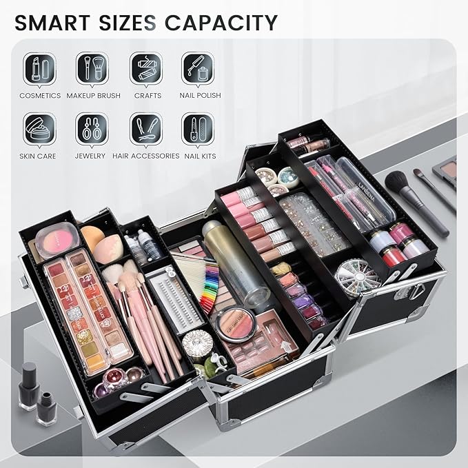 FRENESSA Makeup Train Case Makeup Case 12.6 Inch Large Cosmetic Box Organizer Travel Storage Professional Make Up Train Carrying Case with 6 Trays Locking Shoulder Strap Hard Vanity Storage Black