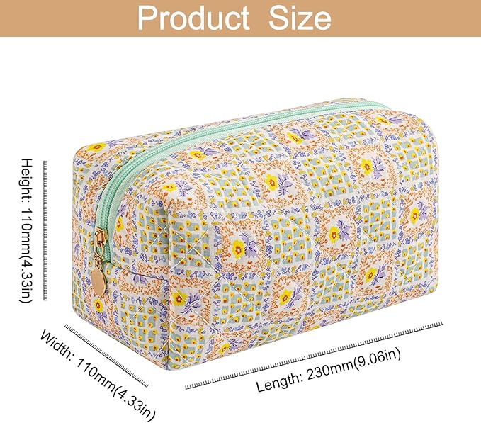HHQQWZ Makeup Bag Travel Cosmetic Bag for Women Girls, Zipper Make Up Pouch, Floral Flowers Toiletry Organizer Makeup, Portable Storage Bag, Cosmetic Travel Cloth Bag (Green Checkered Floral)