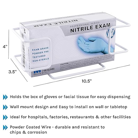 Disposable Glove and Facial Tissue Wire Rack, Dispenser, Wall Mount Design with Mounting Accessories Included, White Durable Metal Organizer Glove Holder for Home, Lab, Office and Food Service