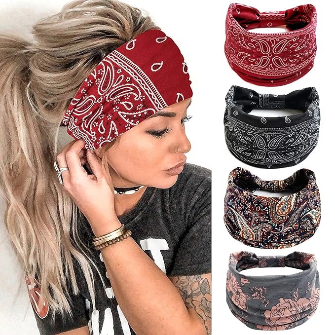 Huachi Wide Headbands for Women Black Stylish Head Wraps Boho Bandeau Thick Hairbands Large No Slip African Sport Yoga Workout Turban Headband Hair Accessories (Pack of 4)