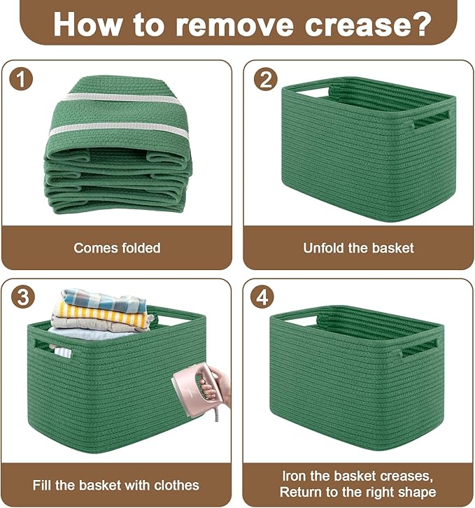 Storage Baskets for Organizing, Woven Decorative Baskets for Shelves - Books, Towels, and Clothes, Cotton Rope Toy Storage Bins, 12.7''Lx9''Wx7.8''H, Pack of 4, Green