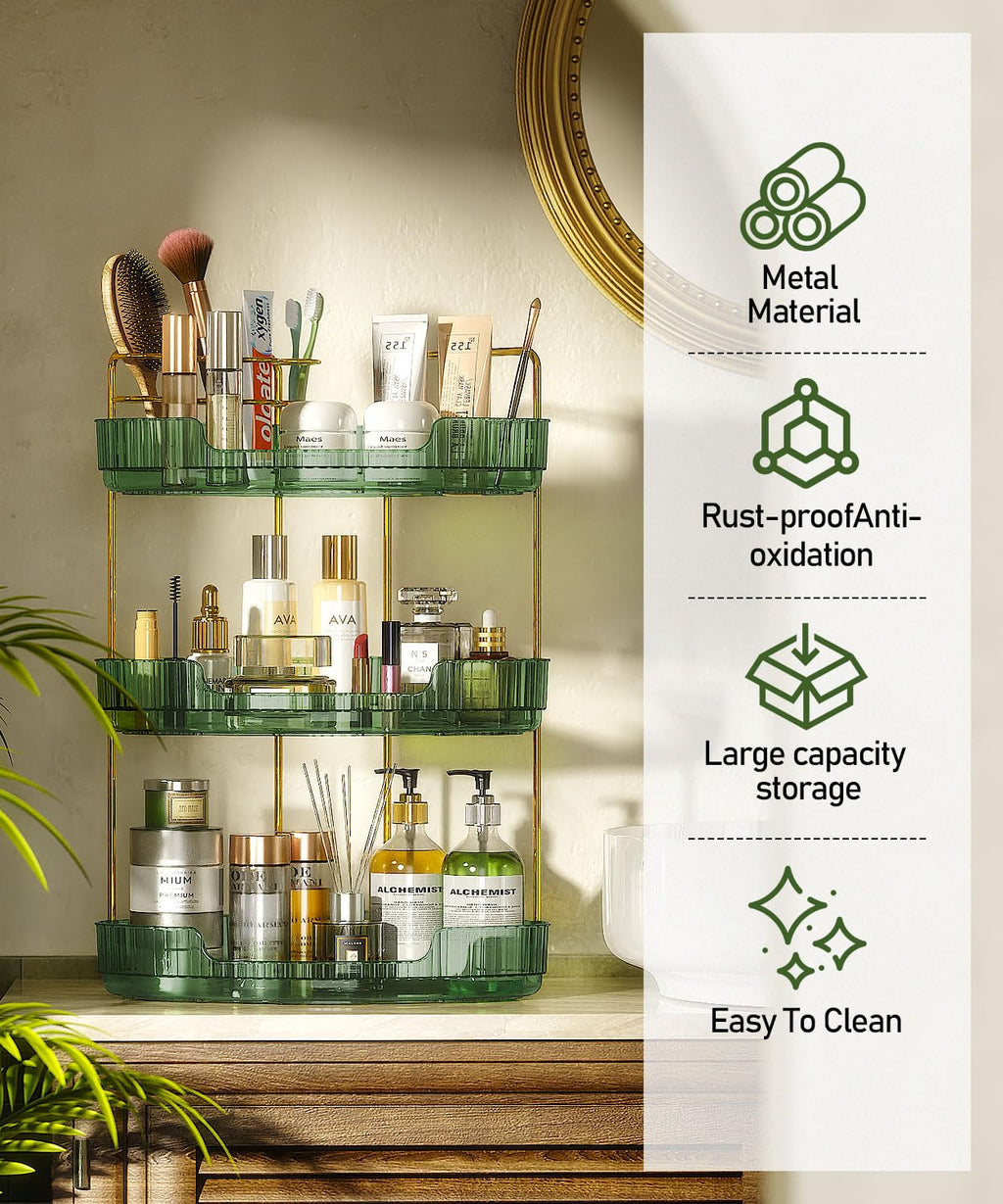 EUHOME 3-Tier Corner Bathroom Counter Organizer Makeup Cosmetic Storage, Tool-Free Installation Acrylic Vanity Shelf, Skin Care Organizer Perfume Tray for Countertop Bathroom, Dresser, Kitchen (Green)