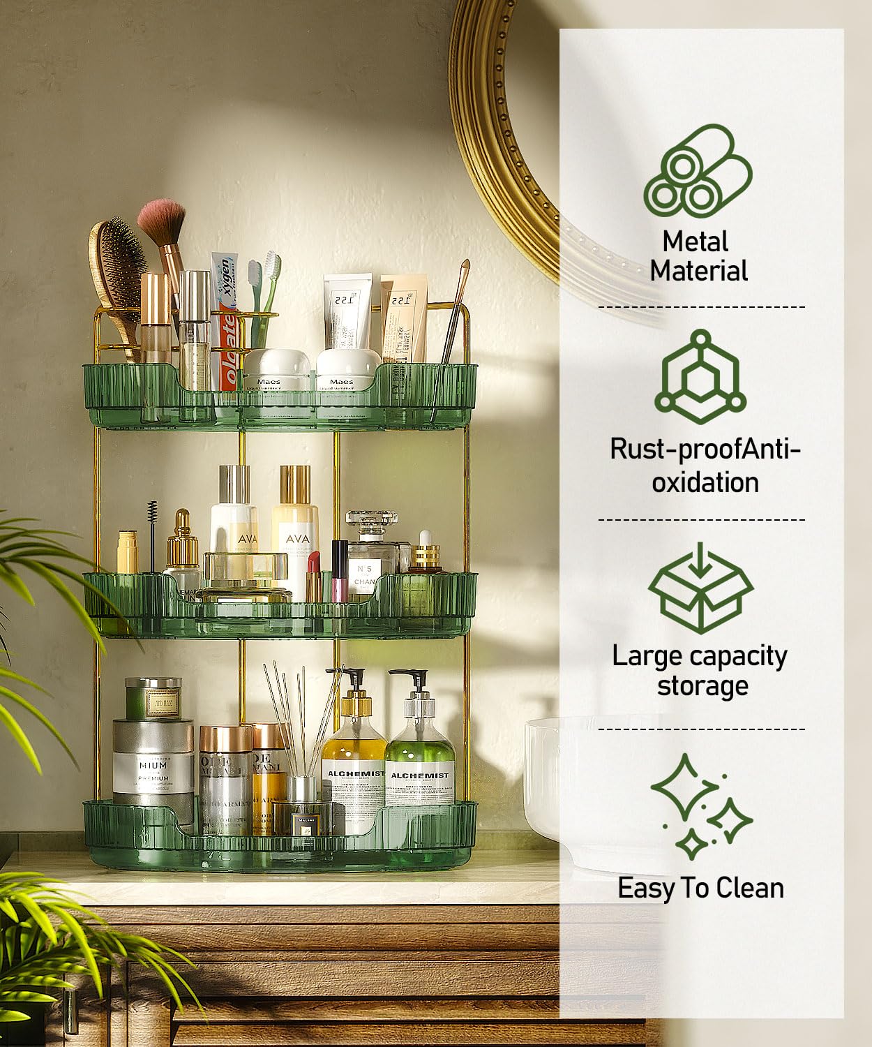 EUHOME 3-Tier Corner Bathroom Counter Organizer Makeup Cosmetic Storage, Tool-Free Installation Acrylic Vanity Shelf, Skin Care Organizer Perfume Tray for Countertop Bathroom, Dresser, Kitchen (Green)