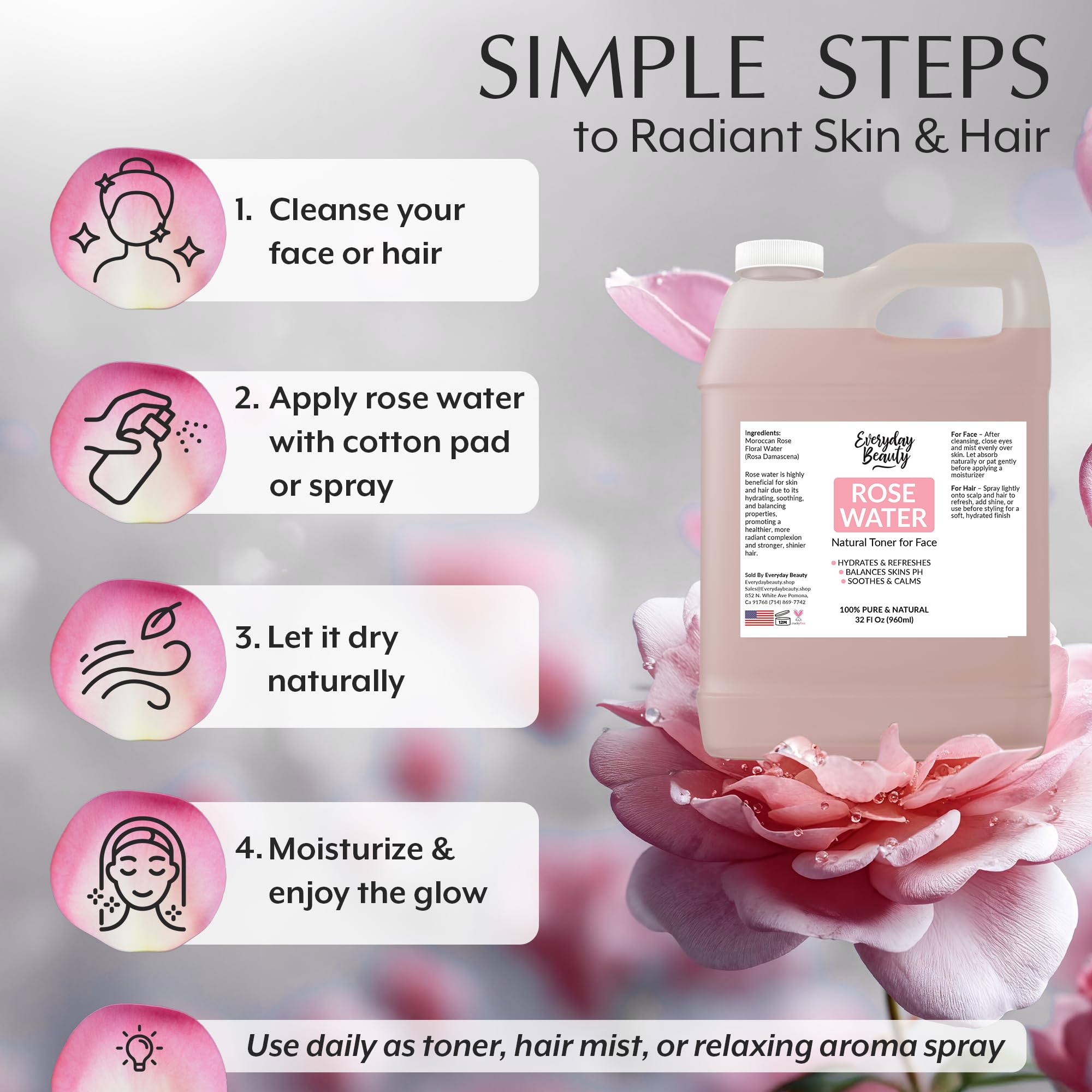 Rose Water Facial Toner - 32oz Bulk Alcohol-Free Vegan All Natural Refreshing for Face and Hair - Uplifts, Calming & Soothing for All Skin Types
