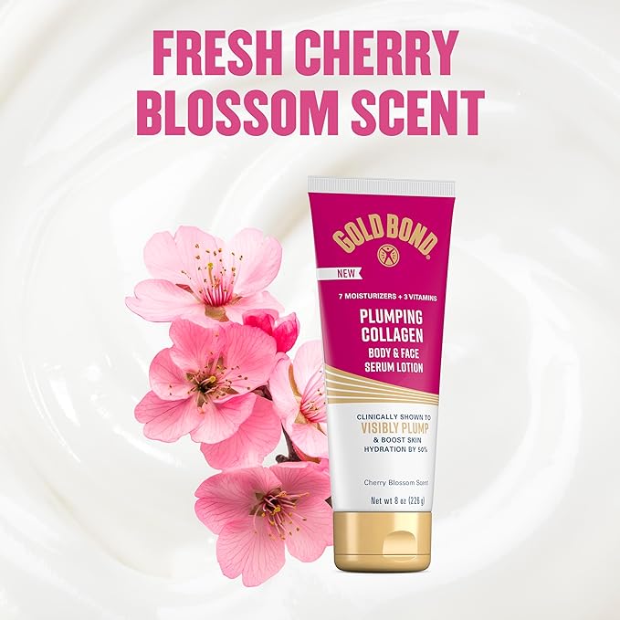 Gold Bond Plumping Collagen Body and Face Serum Lotion, Lightweight Hydrating Moisturizer with Collagen Peptide Complex, Jojoba and Grapeseed Oils to Visibly Plump Skin, Cherry Blossom, 8 oz, 2 Pack