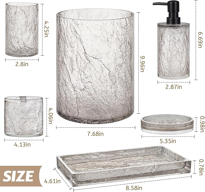 RQYIXI 6 PCS Resin Bathroom Accessories Set, Silver-Grey, Minimalist Luxury