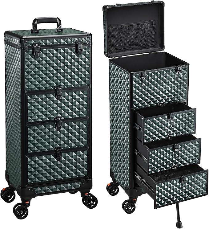 Yueieoun Nail Trolley Cart with 3 Drawers, Salon Station Cosmetology Case on Wheels Rolling Makeup Train Case Nail Case Organizer Beauty Salon Travel Case for Nailart,SPA,Hairstylist,Artist,Dark Green
