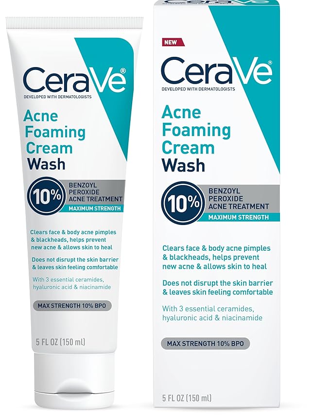 CeraVe Acne Foaming Cream Wash, 10% Benzoyl Peroxide Facial Cleanser, 5oz