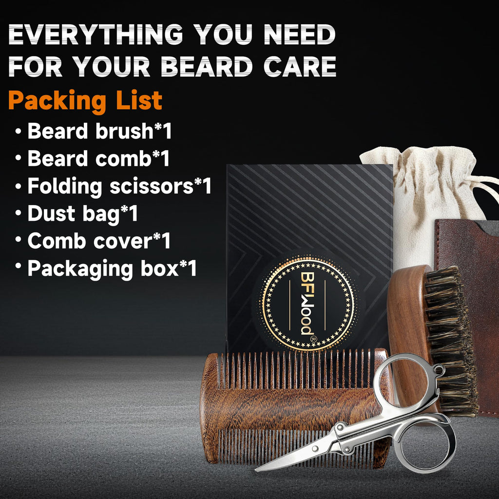 BFWood Mens Beard Brush Comb Kit, Small Travel Beard Set - Natural Boar Bristles With Black Walnut Wood, Grooming Sandalwood Mustache Comb, Mustache Trimming Sissors With Storage Bag