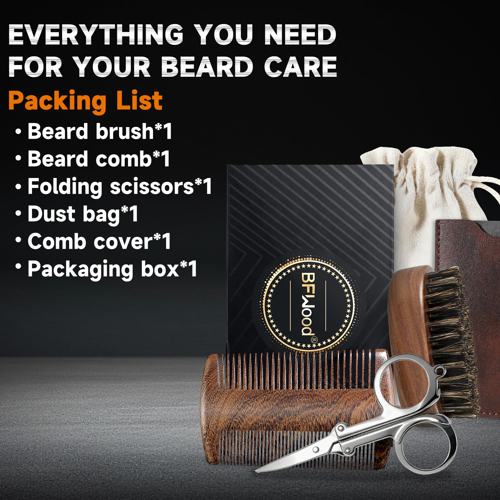 BFWood Mens Beard Brush Comb Kit, Small Travel Beard Set - Natural Boar Bristles With Black Walnut Wood, Grooming Sandalwood Mustache Comb, Mustache Trimming Sissors With Storage Bag