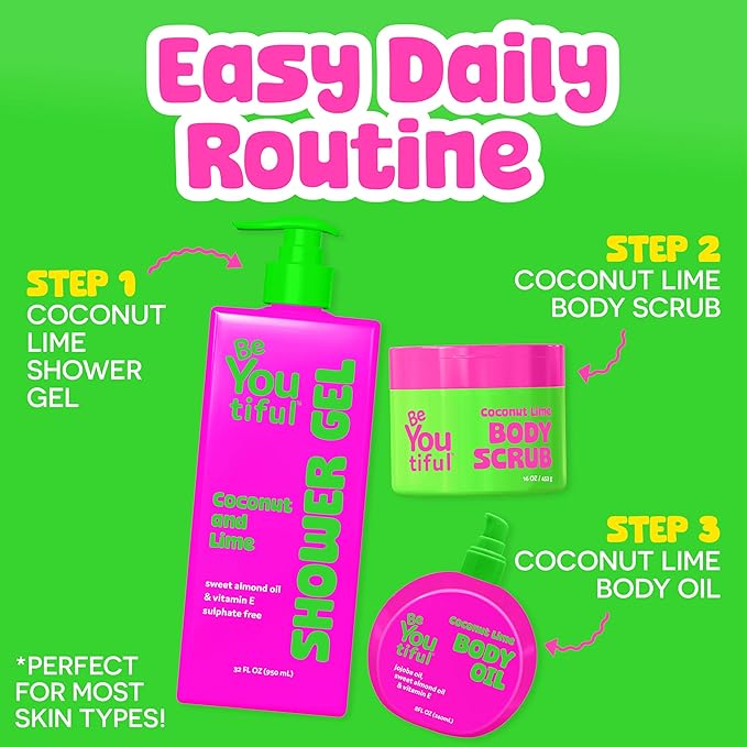 BeYoutiful Coconut Lime Body Oil for Kids & Teens, Hydrating Glow Oil, 8 oz