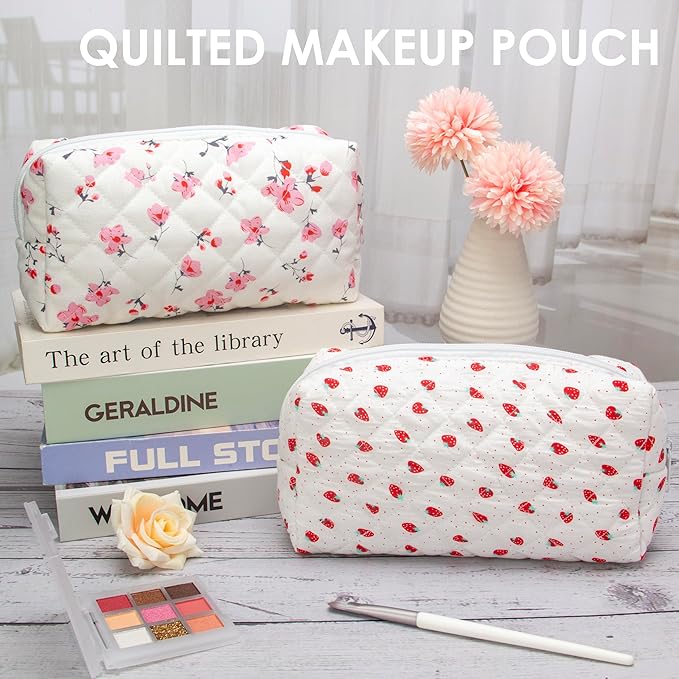 PAZIMIIK Small Quilted Makeup Bag,Zipper Cosmetic Pouch,Strawberry