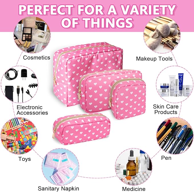 Large Makeup Bag Pouch, Nylon Women Travel Toiletry Storage Bag Preppy Cosmetic Bag for Girls, Big Makeup Organizer Bag Cute Zipper Pouch Skincare Bag for Sport School Work Gift(Large-Pink Heart)